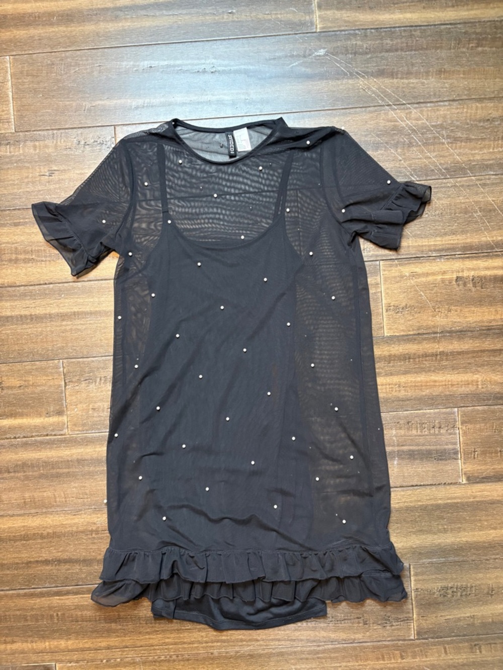 Sz 4 Black Dress Sheer Mesh Pearl Studs & Ruffle Hem, Short sleeve mini bodycon - Picture 1 of 11